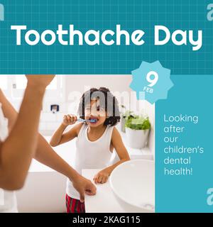 Composition of toothache day text over biracial boy brushing teeth Stock Photo