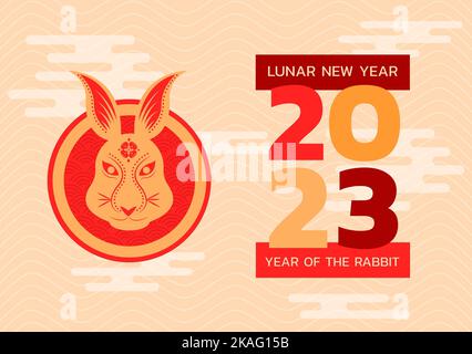 Composition of happy lunar new year 2023 text over rabbit on beige background Stock Photo