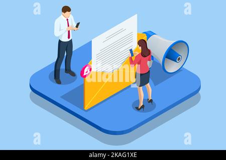 Isometric Email Notification Concept. Message Online Chat Social Text Concept. Spam. New Email, Messaging, Email marketingm Working process, New email Stock Vector