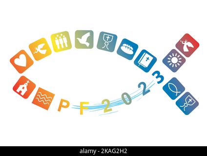 Jesus symbol, Happy New Year with christian symbols.  Pf card new year 2021 with fish and Stylized colorful christian icons. Vector available. Stock Vector