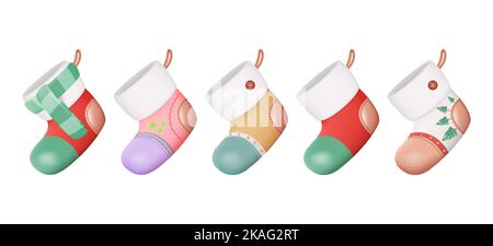 3D Christmas Santa Claus Stocking or Stock Vector Set. Xmas Decorations Isolated  on White Background. Shiny Plastic Illustration Stock Vector