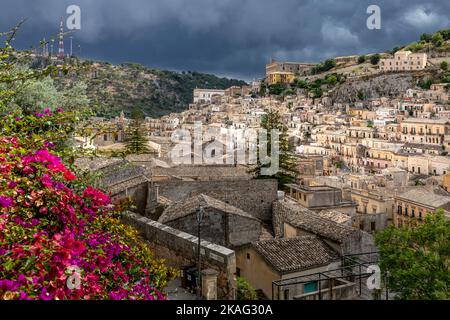 Modica, Sicily, Italy - July 14, 2020: A historical center view of the touristic baroque city in province of Modica, Sicily, Italy Stock Photo