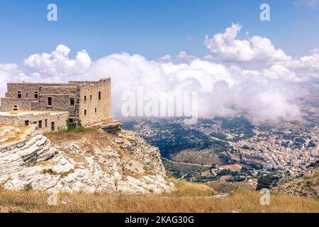 Erice, Sicily, Italy - July 10, 2020: View of the valley from Erice castle, Sicily, Italy Stock Photo