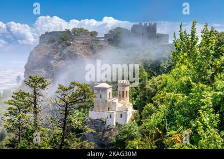 Erice, Sicily, Italy - July 10, 2020: View of Torretta Pepoli and Venere castle in Erice, Sicily Stock Photo