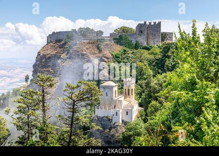 Erice, Sicily, Italy - July 10, 2020: View of Torretta Pepoli and Venere castle in Erice, Sicily Stock Photo