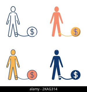 Debt icon set in flat and line style. Man with ball and chain, with dollar sign. Financial obligation symbol. Vector illustration. Stock Vector