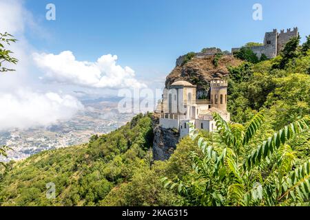 Erice, Sicily, Italy - July 10, 2020: View of Torretta Pepoli and Venere castle in Erice, Sicily Stock Photo