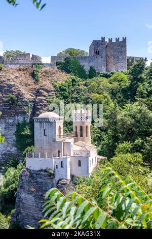 Erice, Sicily, Italy - July 10, 2020: View of Torretta Pepoli and Venere castle in Erice, Sicily Stock Photo