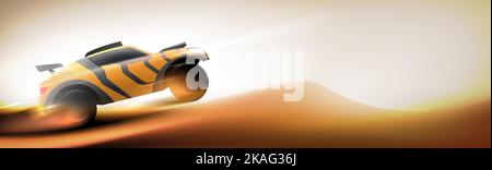 Yellow rally sports car bashing and jumping in desert on panoramic sunny sandy background. Car extreme sport, safari off road competition horizontal banner vector illustration Stock Vector