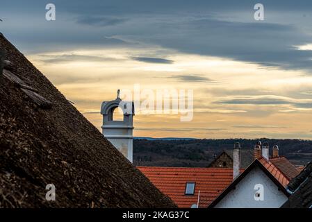 chimneys on the old roofs in the old town Stock Photo