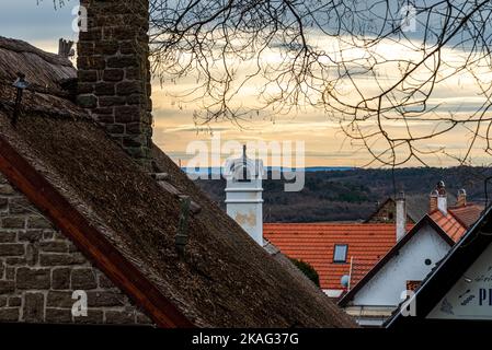 chimneys on the old roofs in the old town Stock Photo