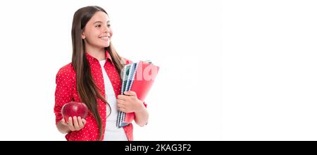 kid going to do homework. teenager student. high school education. schoolgirl with copybook. Horizontal isolated poster of school girl student. Banner Stock Photo