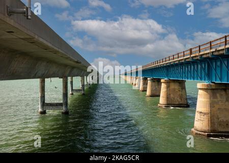 Historic Florida Keys Bridge Reopens As a Beautiful Walking and Biking Trail to Pigeon Key island(on the right). On the left auto bridge to Key West Stock Photo