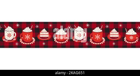 Hot drinks and cakes on buffalo ribbon border Stock Vector