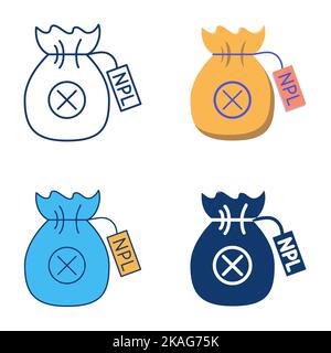 Non-performing loan icon set in flat and line style. NPL symbol, money bag with cross sign. Bank loan with late payment. Vector illustration. Stock Vector