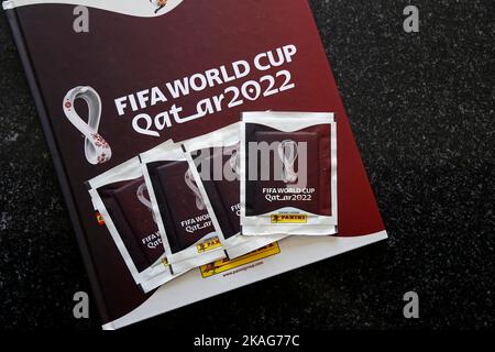 Minas Gerais, Brazil - September 07, 2022: Selective focus of stickers and Panini 2022 FIFA World Cup Qatar Official licensed sticker album Stock Photo