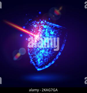 Laser strike digital shield. Damaged protective shield. Breach of defense. Attack on the security system. Protect security and safety. Antivirus cyber Stock Vector