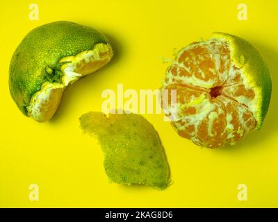 Unripe tangerine on a yellow background. Peeling a tangerine. Green and yellow color. Sour ingredient. Citrus isolate. Sliced tangerine. Useful fruit. Stock Photo