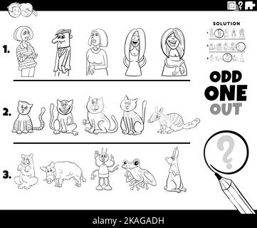 Black and white cartoon illustration of odd one out picture in a row educational task for children with comic people and animal characters coloring pa Stock Vector