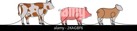 Farm animals one line colored continuous drawing. Pig, Sheep, Cow silhouettes. Farm animals one line illustration. Isolated on white background. Stock Vector