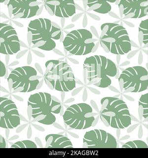 Colorful seamless pattern in trendy green shads with hand drawn elements such as monstera leaves and flower. Trendy print design. Template for poster, postcard, greeting card, price tag, banner. Isolate Stock Vector