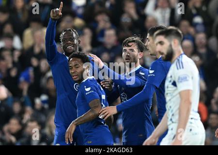 London, Croatia. 02nd Nov, 2022. LONDON, ENGLAND - NOVEMBER 02: Football players of Chelsea celebrate during the UEFA Champions League group E match between Chelsea FC and Dinamo Zagreb at Stamford Bridge on November 2, 2022 in London, United Kingdom. Photo:Marko Lukunic/PIXSELL Credit: Pixsell photo & video agency/Alamy Live News Stock Photo