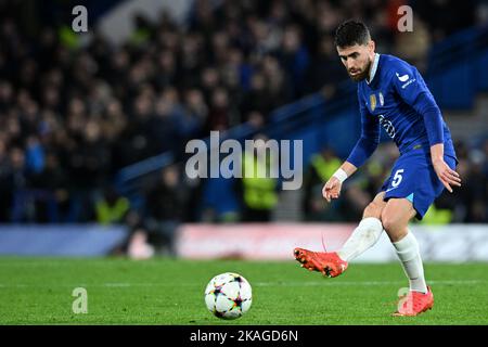 London, Croatia. 02nd Nov, 2022. LONDON, ENGLAND - NOVEMBER 02: Jorginho of Chelsea shooting a ball during the UEFA Champions League group E match between Chelsea FC and Dinamo Zagreb at Stamford Bridge on November 2, 2022 in London, United Kingdom. Photo:Marko Lukunic/PIXSELL Credit: Pixsell photo & video agency/Alamy Live News Stock Photo