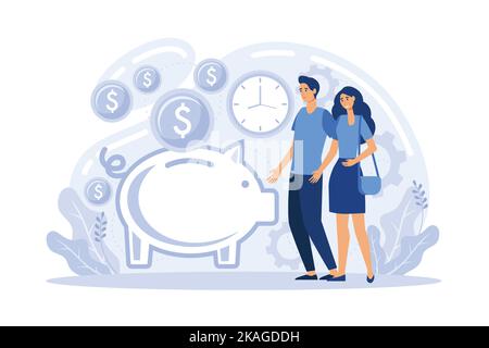 Families with children save money. Piggy bank with family money making concept. Stock Vector