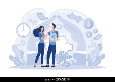Families with children save money. Piggy bank with family money making ...