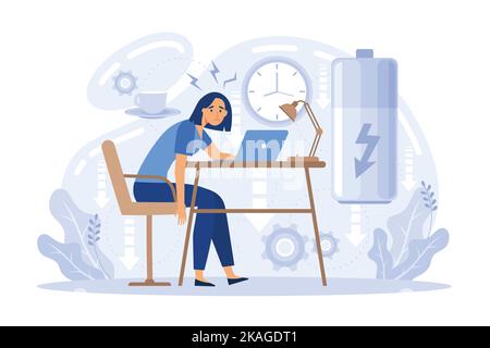 Professional burnout. Young exhausted female manager sitting at the office. Long working day. Millennials at work. Stock Vector