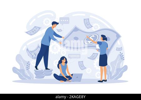 Crowdfunding and investment into idea or business startup. Vector flat illustration. Young people putting money to bulb piggybank. flat vector modern Stock Vector