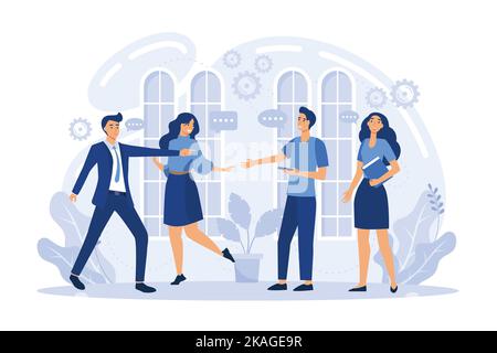 creative team on a business meeting discussing new project, generate ideas or having conversation. The concept of meet our team, flat vector illustrat Stock Vector