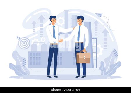 Strategic partnership, handshake gesture concept. Teamwork, brainstorming, joint search for creative strategy. flat vector illustration Stock Vector