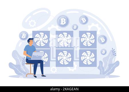 Bitcoin Mining Business Equipment Trendy Flat Vector Concept. Cryptocurrency Mining Farm Male Owner Making Hardware Service or Maintenance, flat vecto Stock Vector