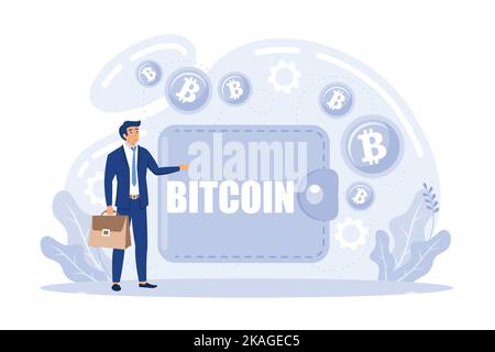 Bitcoin wallet. Modern earnings and savings. Electronic money is issued in a leather wallet. flat vector modern illustration Stock Vector