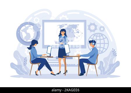 Students with laptops are searching information in comruter class. Computer lab, library or Internet cafe. Modern education and student research conce Stock Vector