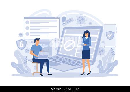 Developers work on cyber security program. Cyber security software, information security program and antivirus concept on ultraviolet background. flat Stock Vector