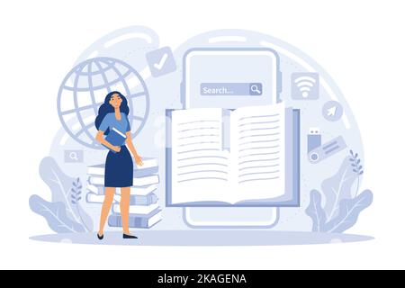 Book online reading. Digital library, e reading, ebooks archive. Internet bookstore. Mobile ereader. Document and text editing. Creative writing. flat Stock Vector