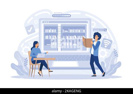 online education and E-learning at home with online video training concept. people use computer for online reading and online library. flat vector mod Stock Vector