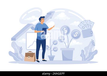 Concept of portfolio income. Financial literacy, investment. Girl invests in stocks and bonds, and they bring money. Briefcase and stacks of gold coin Stock Vector