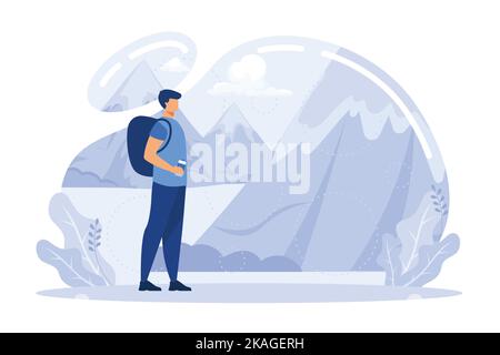 Alone at the fresh air. Vector illustration of young cartoon brunette hiking man, standing on the edge of a cliff and looking into the distance. flat Stock Vector
