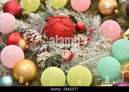Colorful Christmas garland and decorative decorations for the Christmas tree Stock Photo