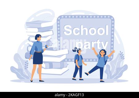 School year School supplies, after school activities, celebration party, kids stationery, debate team, student newspaper, backpack flat vector modern Stock Vector