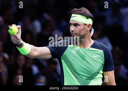 Paris, France. 2nd Nov, 2022. Rafael Nadal of Spain gestures during the men's singles second round match against Tommy Paul of the United States at the Rolex Paris Masters tennis tournament in Paris, France, Nov. 2, 2022. Credit: Rit Heize/Xinhua/Alamy Live News Stock Photo