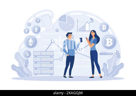 Cryptocurrency exchange platform, bitcoin transactions, cryptocurrency marketplace for exchange of Bitcoin and digital currencies working on laptop co Stock Vector