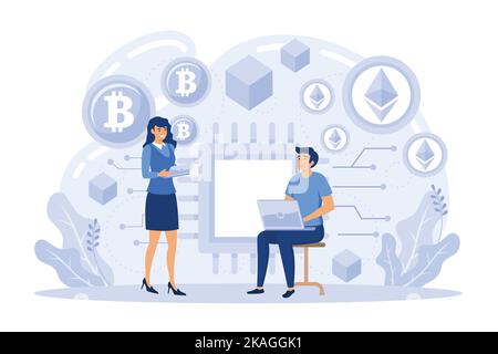 Cryptocurrency exchange platform, bitcoin transactions, cryptocurrency marketplace for exchange of Bitcoin and digital currencies working on laptop co Stock Vector