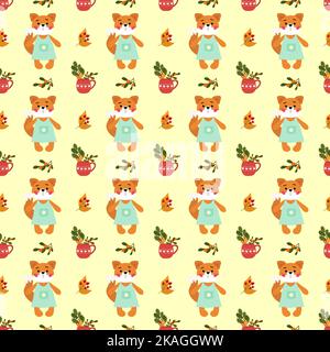 Pattern with cute foxes, mug with autumn leaves and berries. Stylized animals.  Stock Vector