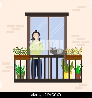 Flowers in pots are on the balcony in the apartment. The cat on the balcony.  Stock Vector