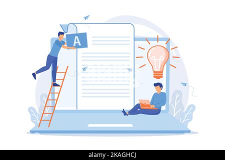 Copywriter at huge laptop writting creative advertising text. Copywriting job, home based copywriter, freelance copywriting concept Stock Vector