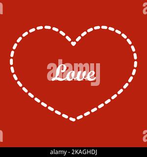 White outline in the shape of a heart on a red background. Dotted line. Lettering Love. Flat vector illustration Vector postcard. Stock Vector